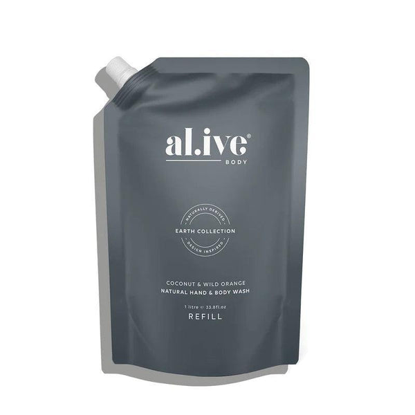 Al.ive Coconut and Wild Orange 1 litre refill pouch, showcasing sustainable packaging with 88% less plastic, against a white background.  available at Folk Road, West Kempsey NSW 2440.