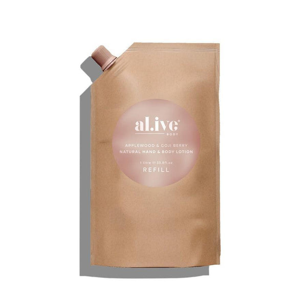 Explore Al.ive body Applewood & Goji Berry Hand & Body Lotion Refill, rich in natural ingredients and essential oils. Our 1L pouches reduce plastic by 85%, refilling your 500ml bottle twice. Made in Australia, combining purity with designer aesthetics. Available at Folk Road, West Kempsey NSW 2440."