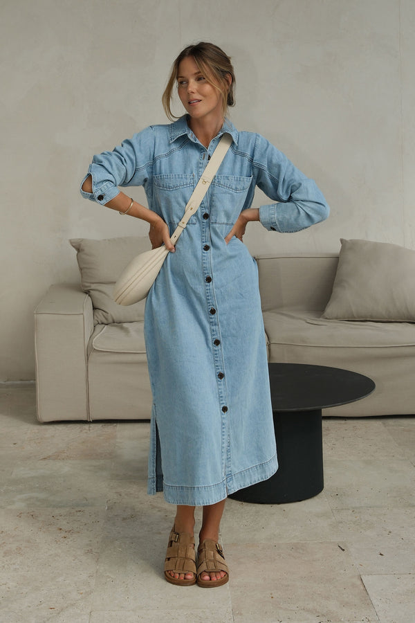 Long Sleeve Yoke Midi Denim Dress
