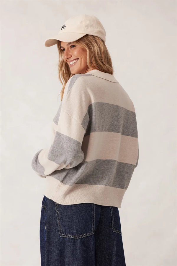 Ladies Long Sleeve Rugby Knit in Grey Marle/Oatmeal Marle Stripe
