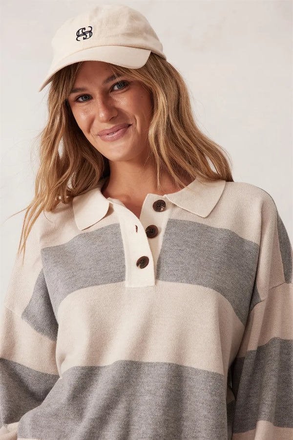 Ladies Long Sleeve Rugby Knit in Grey Marle/Oatmeal Marle Stripe