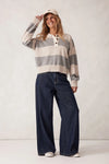 Ladies Long Sleeve Rugby Knit in Grey Marle/Oatmeal Marle Stripe
