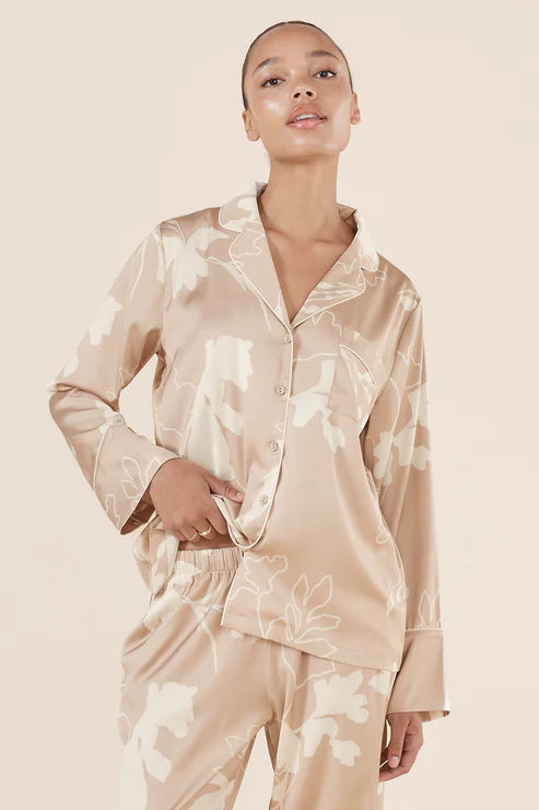 Elina Botanical Silky Satin PJ Set in Natural