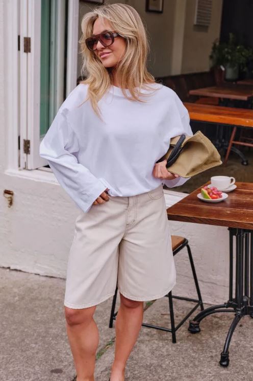 Ladies Olive Belted Denim Short in Fresh Sand