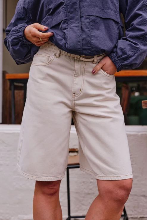 Ladies Olive Belted Denim Short in Fresh Sand