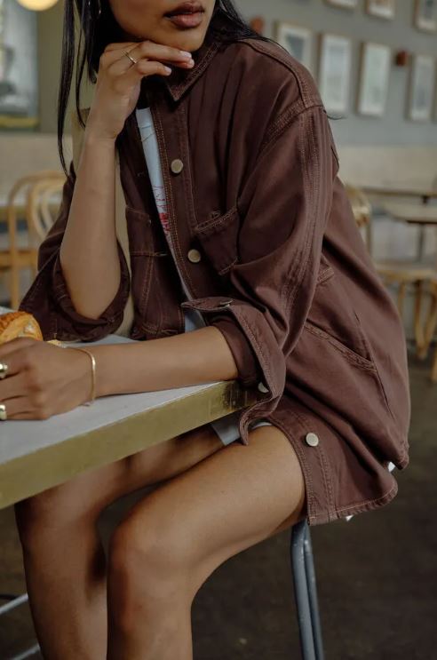 The Bobbi Side Pocket Denim Shacket in Chocolate