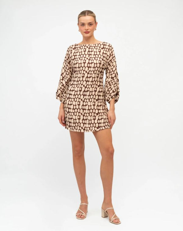 Coastal Abstract Mini Dress in Chocolate / Cream