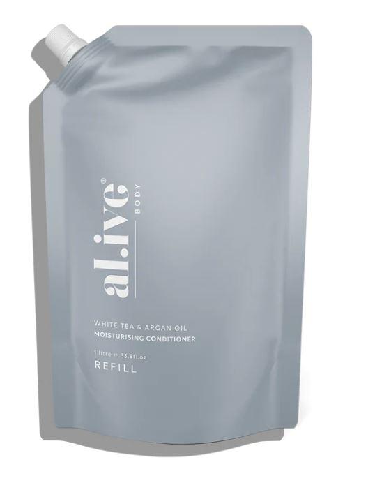 Explore Al.ive body White Tea & Argan Oil Moisturising Conditioner Refill, enriched with natural ingredients and essential oils. Our 1L pouches reduce plastic by 85%, refilling your 500ml bottle twice. Made in Australia, our silicone and sulfate-free formula nourishes hair with Argan Oil and White Tea Extract. Available at Folk Road, West Kempsey NSW 2440 