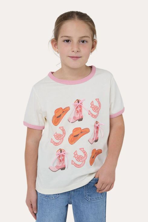 Cross My Boots Kids Girls Ringers Western T-Shirt in Bone / Dusty Pink