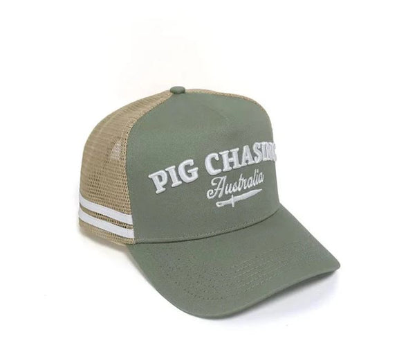 Pig Chasing Australia Cursive Trucker Cap in Green / Tan