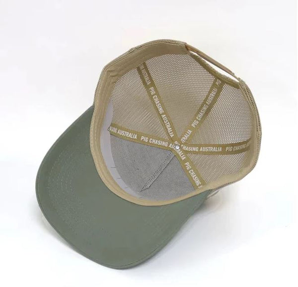 Pig Chasing Australia Cursive Trucker Cap in Green / Tan