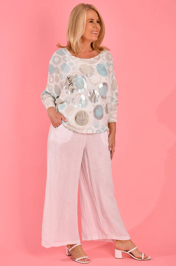 Ladies Knit Top in Blue/Green Bubbles