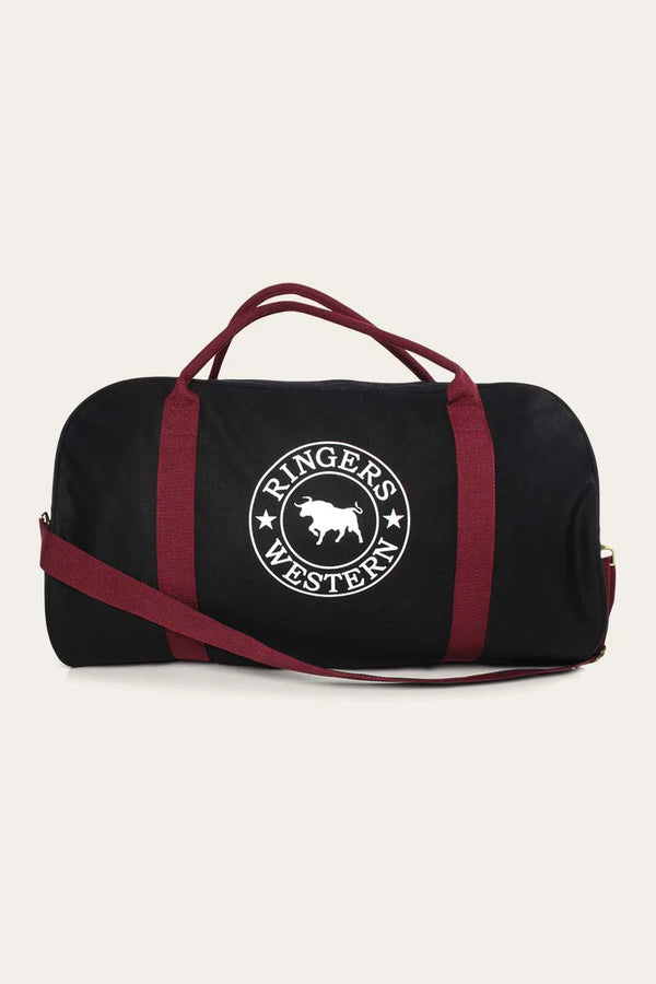 Gundagai Duffle Bag in Black & Maroon with White Print