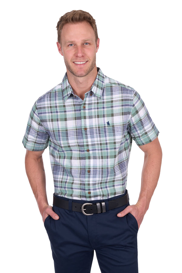 Thomas Cook Men's Gerry Check Linen Short Sleeve Shirt in Green/Navy