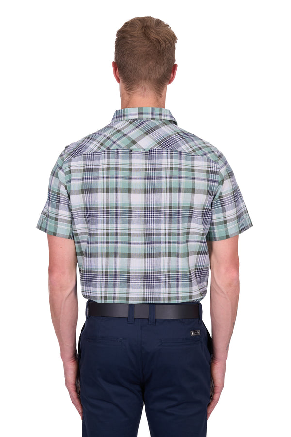 Thomas Cook Men's Gerry Check Linen Short Sleeve Shirt in Green/Navy