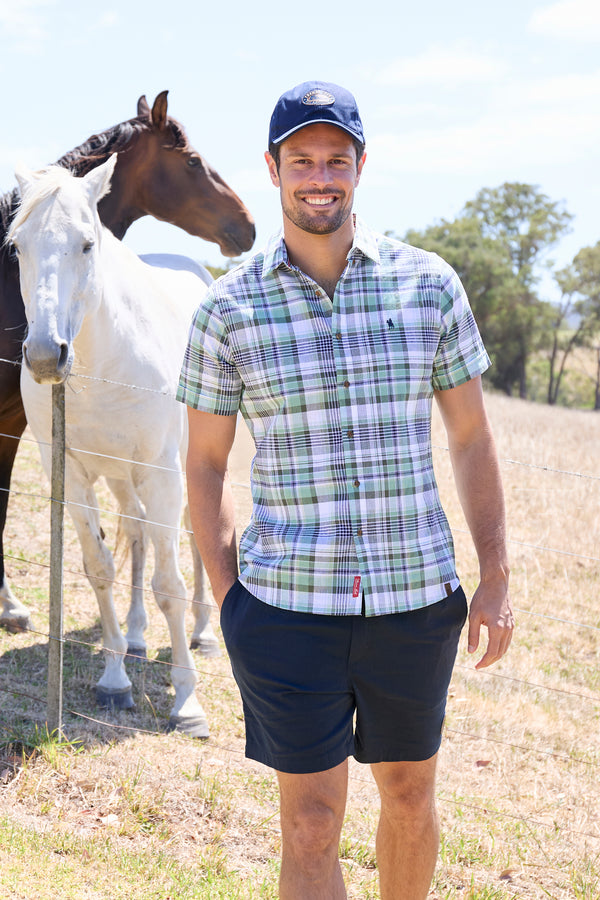 Thomas Cook Men's Gerry Check Linen Short Sleeve Shirt in Green/Navy