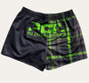 Pig Chasing Australia Plaid Footy Shorts in Black/Green with Zip Pockets