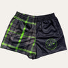 Pig Chasing Australia Plaid Footy Shorts in Black/Green with Zip Pockets