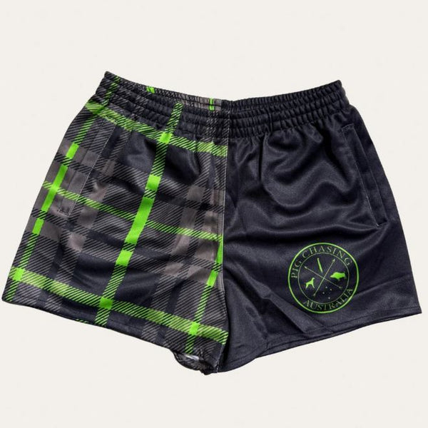 Pig Chasing Australia Plaid Footy Shorts in Black/Green with Zip Pockets