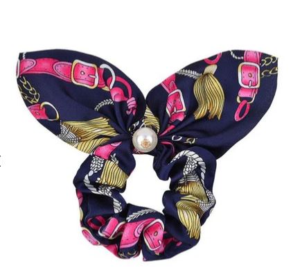 Bare Equestrian Handmade Silk Bunny Scrunchie in Horseshoe Navy