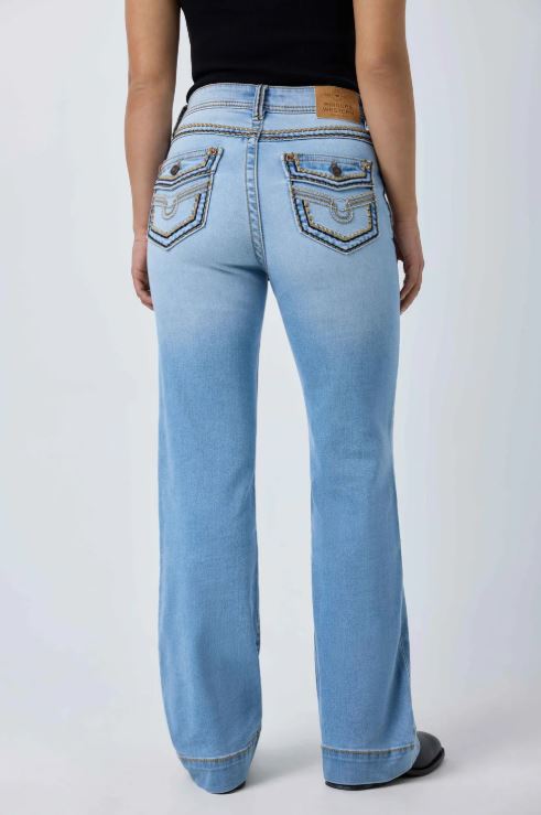 Indi Rodeo Saddle Stitch Womens High Rise Wide Bootleg Jeans in Light Blue