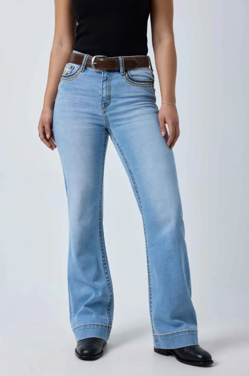 Indi Rodeo Saddle Stitch Womens High Rise Wide Bootleg Jeans in Light Blue