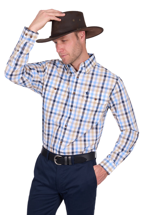 Thomas Cook Men's Jesse Check 2 Pocket Long Sleeve Shirt in Navy/Tan