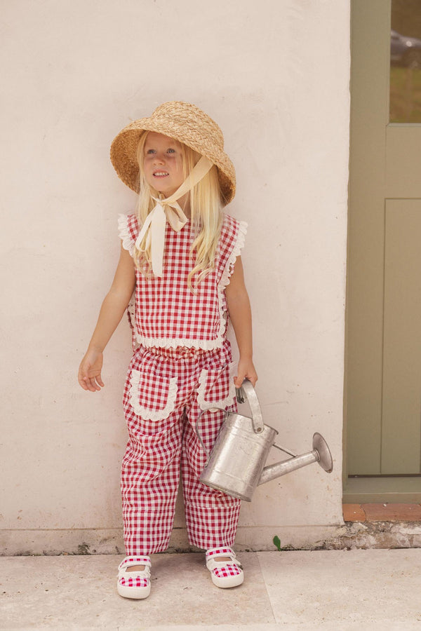 Girls Plum Top in Red White Check