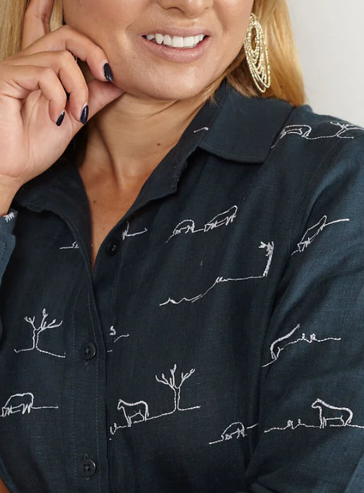Midnight Embroidered Long Sleeve Linen Shirt