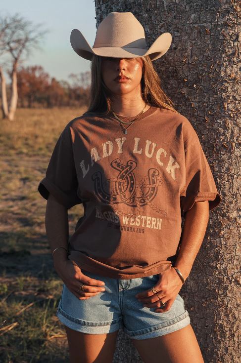 Ringers Western Lady Luck Womens Oversized T-Shirt in Washed Saddle Brown