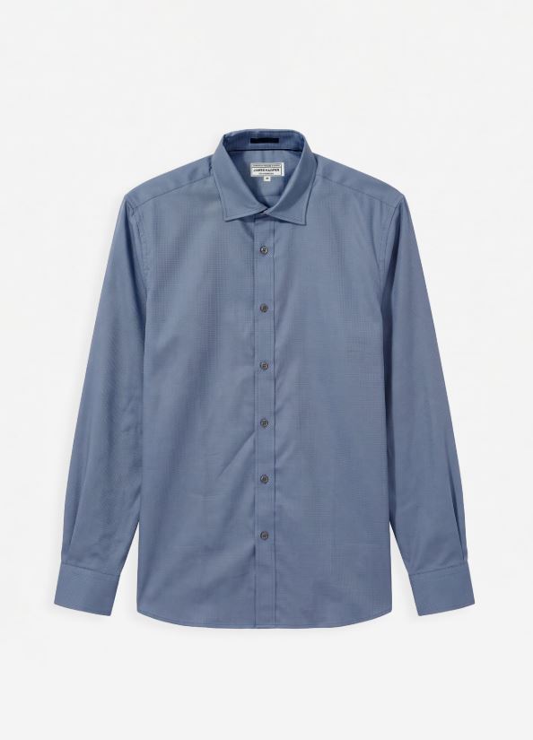 James Harper Men's Long Sleeve Cotton Tencel Waffle Shirt in Mid Blue