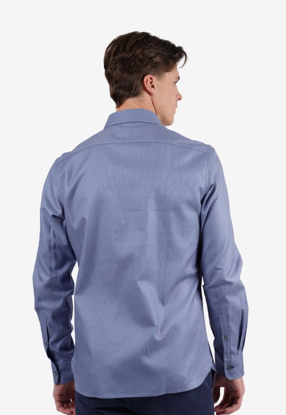 James Harper Men's Long Sleeve Cotton Tencel Waffle Shirt in Mid Blue