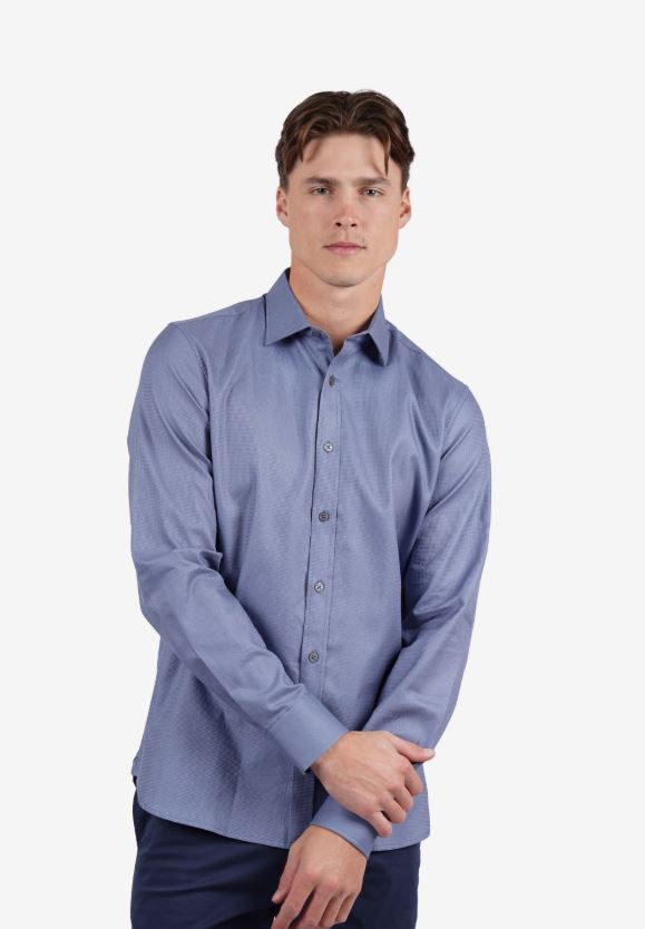 James Harper Men's Long Sleeve Cotton Tencel Waffle Shirt in Mid Blue