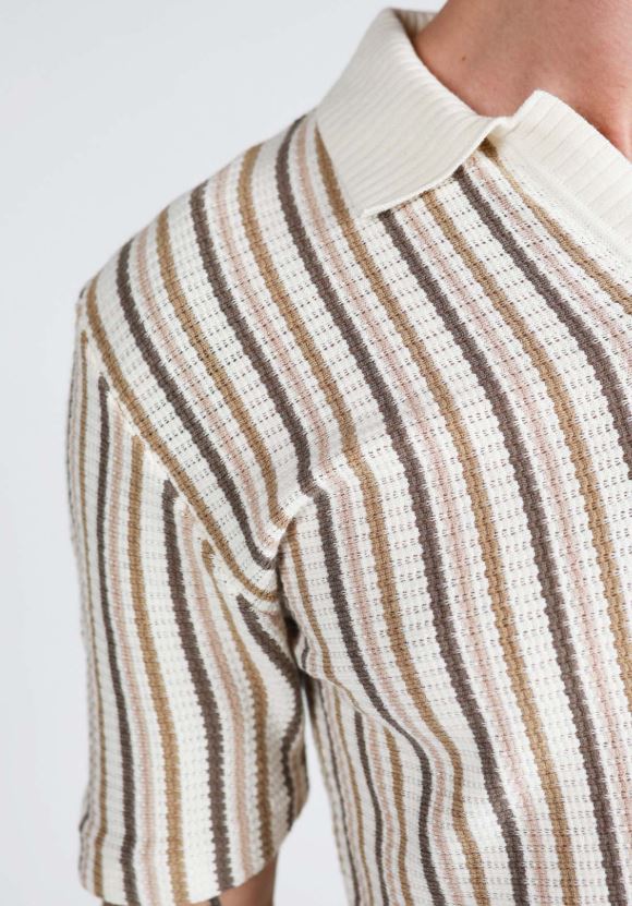 Men's Natural Striped Open Neck Polo Shirt