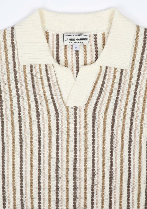 Men's Natural Striped Open Neck Polo Shirt