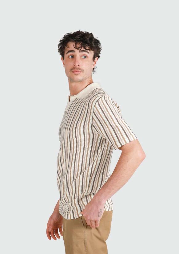 Men's Natural Striped Open Neck Polo Shirt