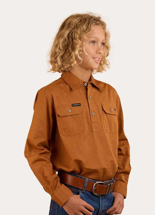 Ord River Kids Half Button Work Shirt in Tobacco
