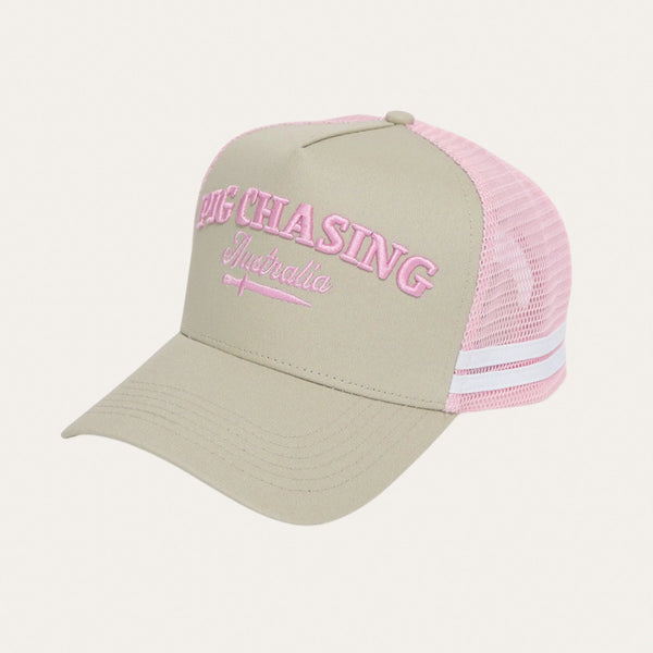 Cursive Trucker Cap in Tan / Pink