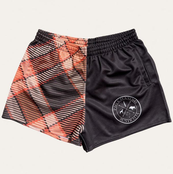 Pig Chasing Australia - Plaid Footy Shorts in Rust/Charcoal