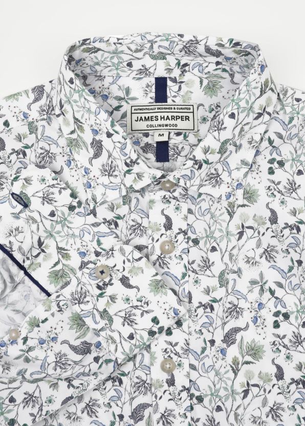 James Harper Men's Long Sleeve Peached Cotton Poplin Shirt in Floral Print Sea