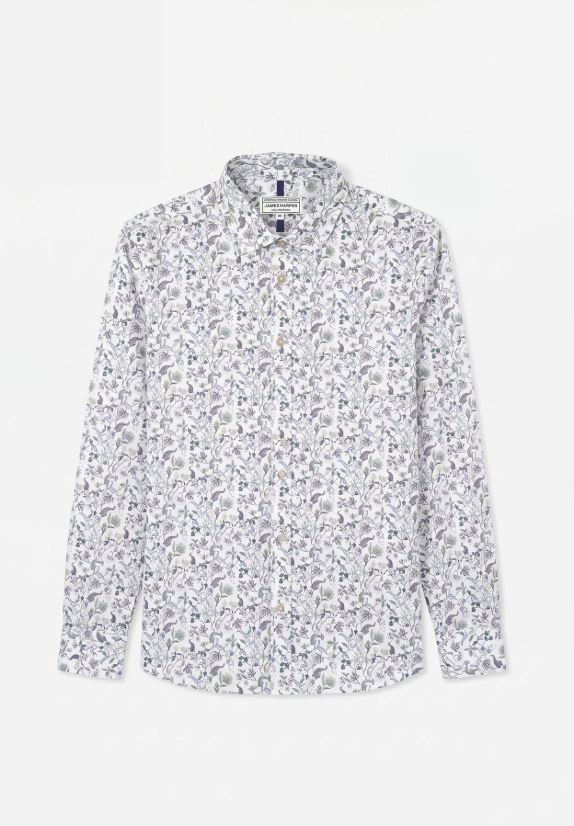 James Harper Men's Long Sleeve Peached Cotton Poplin Shirt in Floral Print Sea