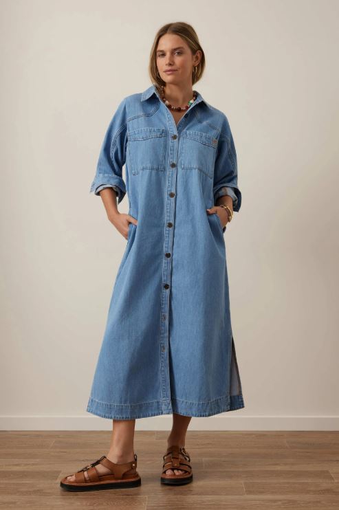 Ceres Life Ladies Rae Long Sleeve Midi Dress in New Vintage Blue