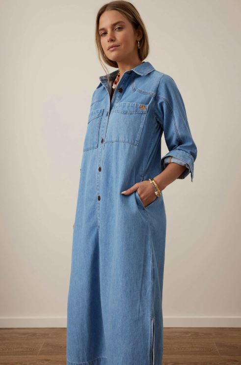 Ceres Life Ladies Rae Long Sleeve Midi Dress in New Vintage Blue