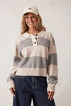 Ladies Long Sleeve Rugby Knit in Grey Marle/Oatmeal Marle Stripe
