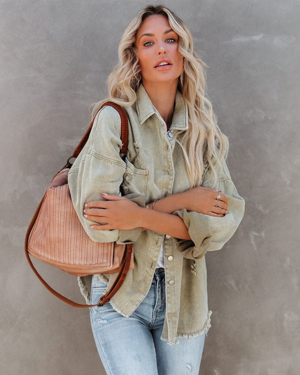 Ladies Cotton Button Down Denim Jacket in Sage