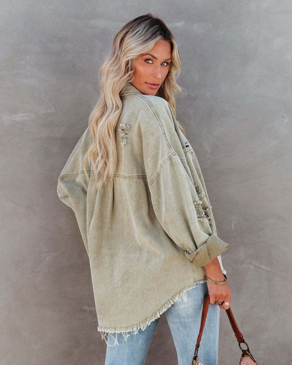 Ladies Cotton Button Down Denim Jacket in Sage
