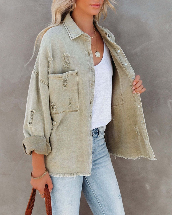 Ladies Cotton Button Down Denim Jacket in Sage