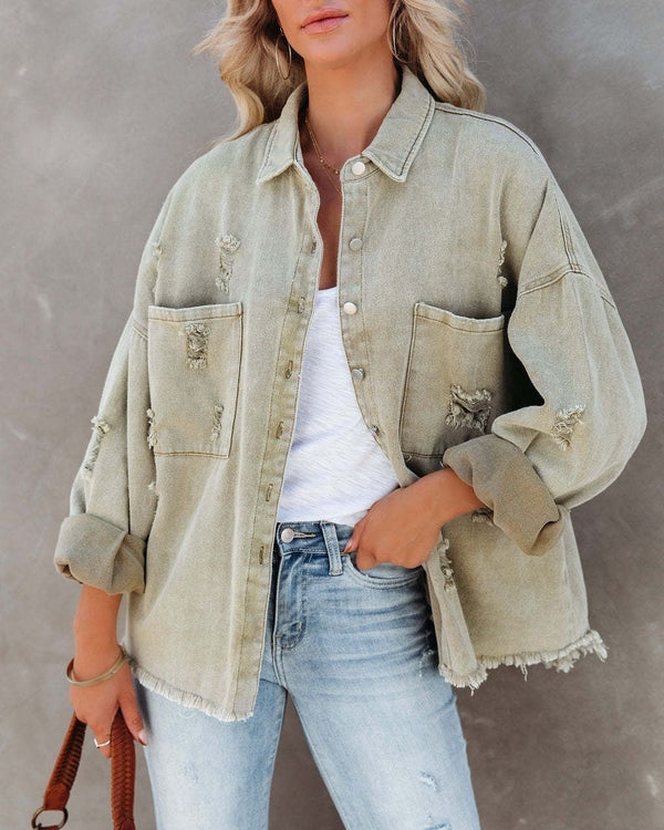 Ladies Cotton Button Down Denim Jacket in Sage