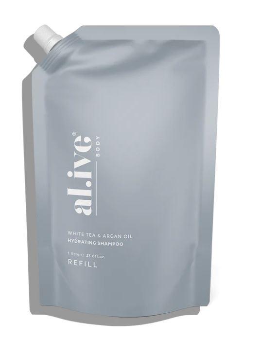 Discover the al.ive body White Tea & Argan Oil Hydrating Shampoo Refill, enriched with natural ingredients like Argan Oil and White Tea Extract. This luxurious 1L refill pouch is eco-friendly, refilling your bottle twice while offering sulfate and silicone-free hair care for healthier, nourished hair. Now available at Folk Road West Kempsey Nsw 2440