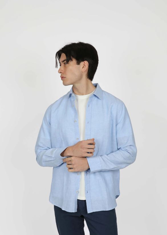 Men's Long Sleeve Linen Blend Shirt in Sky Blue